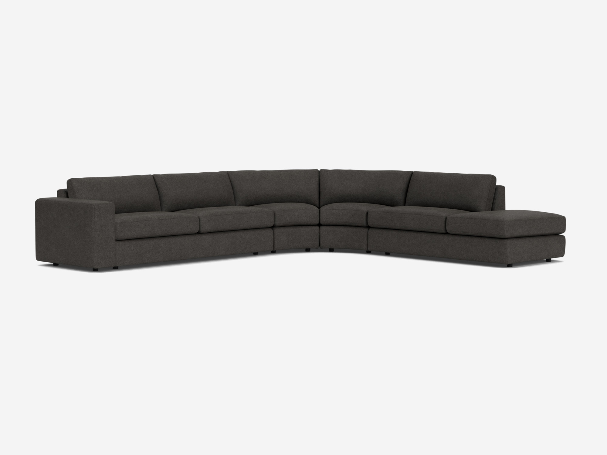 Grey curved sectional sofa with right hand chaise front angle view